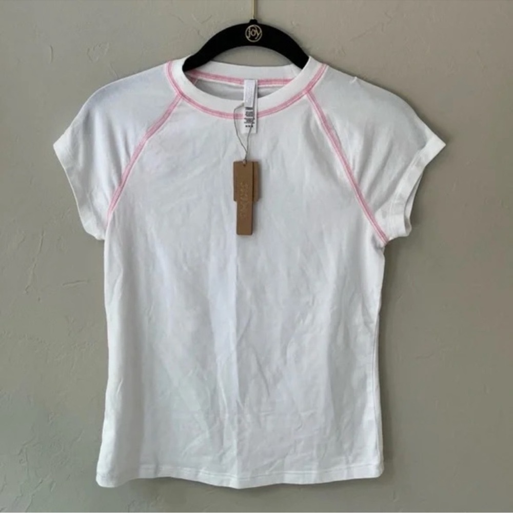 SKIMS (G1) NEW VINTAGE RAGLAN T-SHIRT SNOW (WHITE) PiNK Trim WOMENS PLUS SIZE…